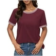 thumbnail image 2 of iHengLiXing Plus Size Womens Tops Dressy Casual Women's New Solid Color Round Neck Top T-shirt Short Sleeved Contrasting Thread Red XL, 2 of 7