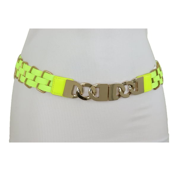 Women Gold Metal Chain Buckle Neon Yellow Elastic Belt S M