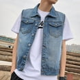 thumbnail image 2 of Veste en Denim Sans Manches à Revers pour Homme, Lavée, Coupe Ample, Décontractée, 2 of 4