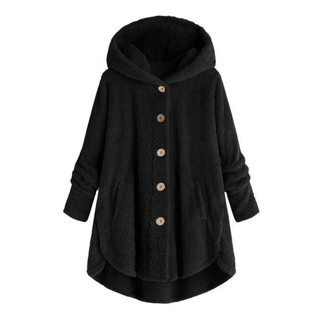 DPTALR Women Plus Size Button Plush Tops Hooded Loose Cardigan Wool Coat Winter Jacket