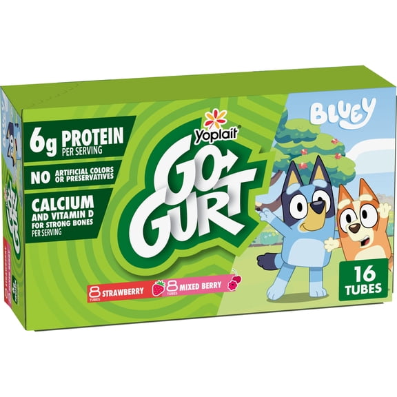 Go-GURT Bluey Yogurt Tubes, Strawberry, Mixed Berry, 6g Protein, Calcium, 16 Count, 32 oz