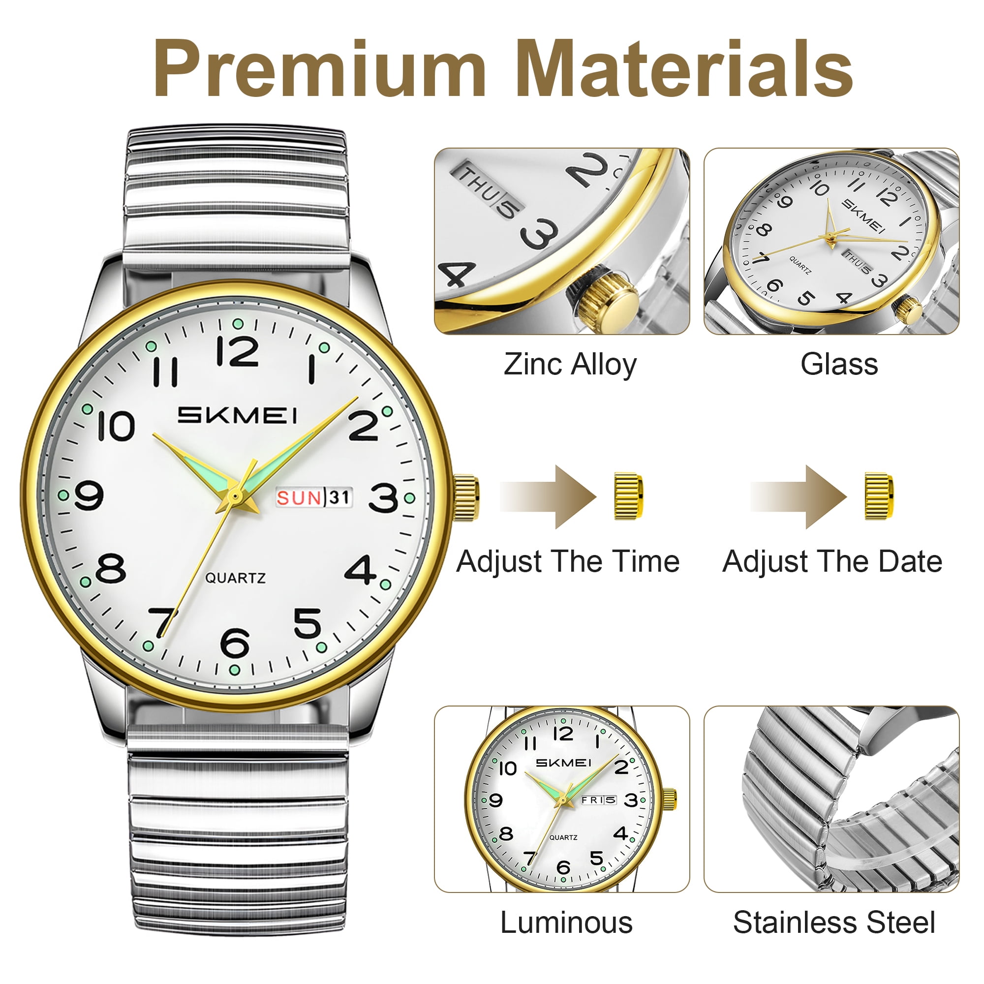 SKMEI Watches for Men Easy Reader Analog Mens Quartz Watch with Stainless Steel Expansion Band Luminous waterproof watch
