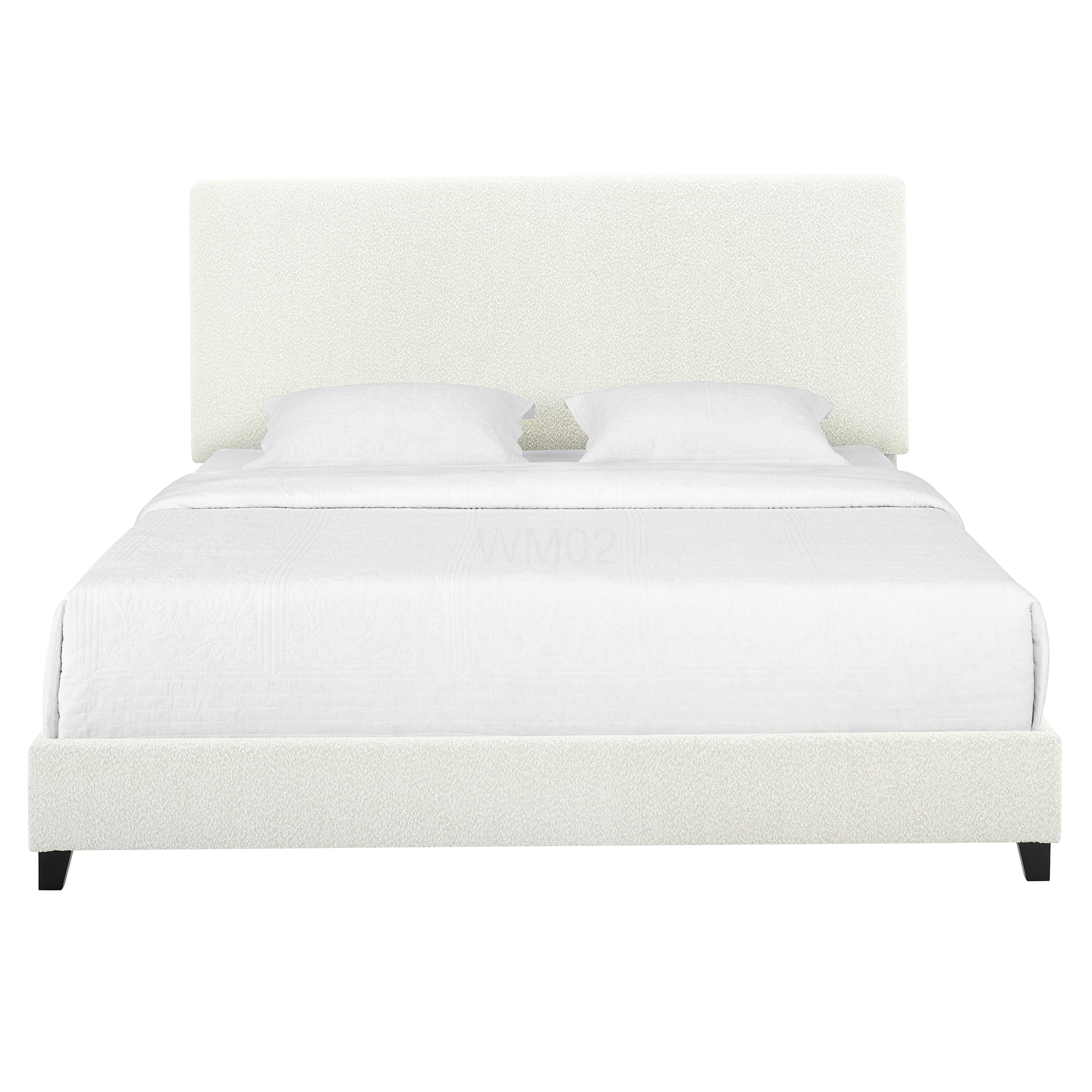 Modern White Boucle Upholstered King Size Bed Frame with Platform Base and Padded Headboard