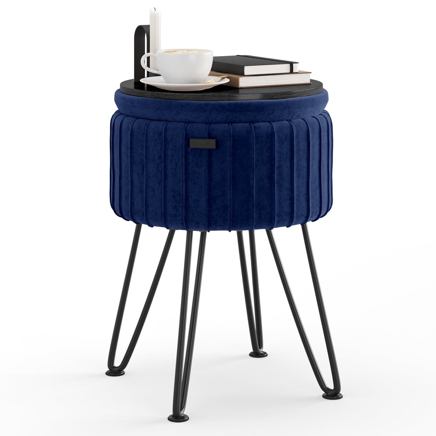 LammaLoe Small Round Ottoman with Storage, Pleated Velvet Ottoman Foot Stool with Lid, Upholstered Vanity Stool for Living Room & Bedroom, Blue