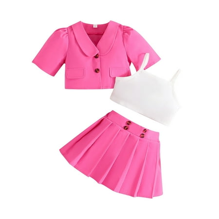 

TJAZFJPA 4th of July Outfit Toddler Kids Girls Summer Clothes Solid Short Sleeve Coat Suit Camisole Crop Tops Skirt Outfits 3Pcs Set Baby Girl Outfits Fall/Winter Cruise Outfits