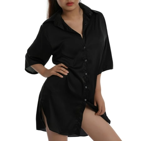 

Komoo Women Sleeping Shirt Solid Color Half Sleeve Single Breasted Loose Nightshirt Sleep Tops Underwear Home Lounge Wear Sleepwear