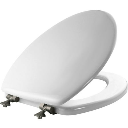 Mayfair Edgewater Elongated Enameled Wood Toilet Seat in White Never Loosens with Brushed Nickel Hinge