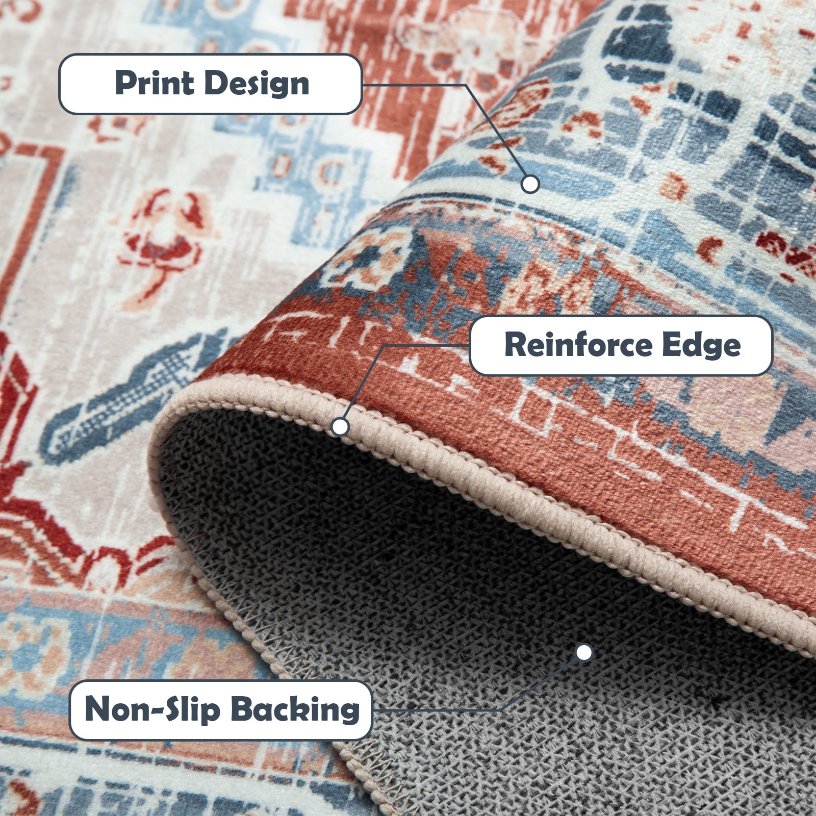 3'x5' Area Rugs, Machine Washable Non Slip Area Rug for Kitchen, Soft Low Pile Vintage Print Pattern Indoor Bathroom Thin Carpet, Brick Red