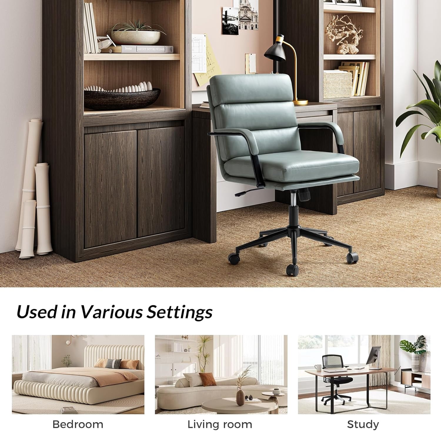 Faux Leather Home Office Chair, Swivel Task Desk Chair with Padded Cushion, Sage