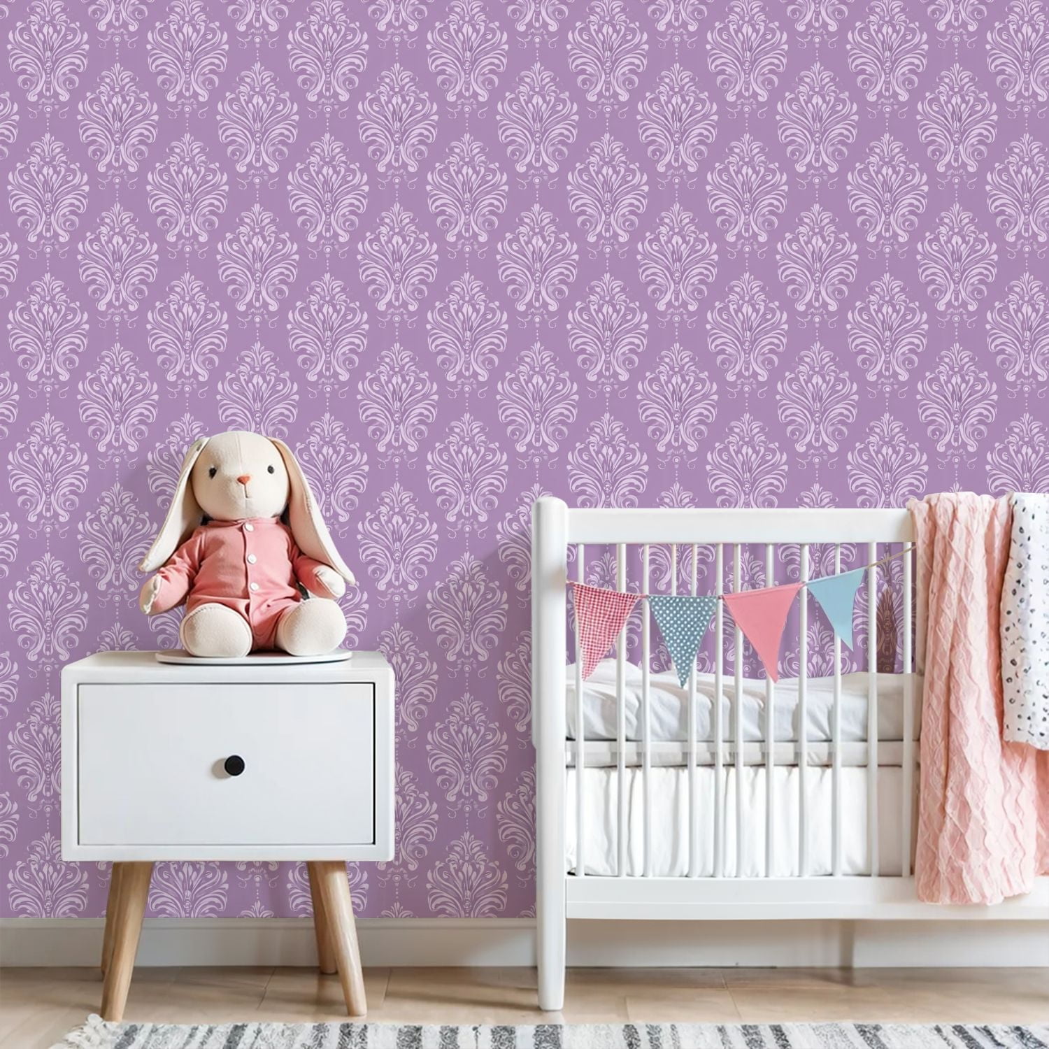 Peel and Stick Wallpaper 23.6in x 9.8ft Lavender Damask Elegant Swirls Floral Details Contact Paper Vinyl Self-Adhesive Removable Wall Paper for Bedroom DIY Home Decor Renter Friendly