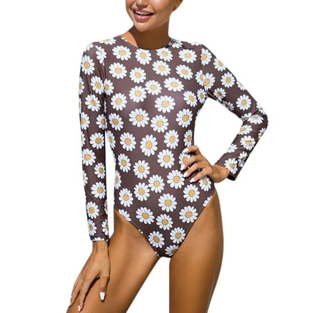 Wiueurtly One Piece Swimsuit Women Print Long Sleeve Bikini Set Swimming One-piece Swimsuits Swimwear Beach Suit High Waisted Swimsuits Black
