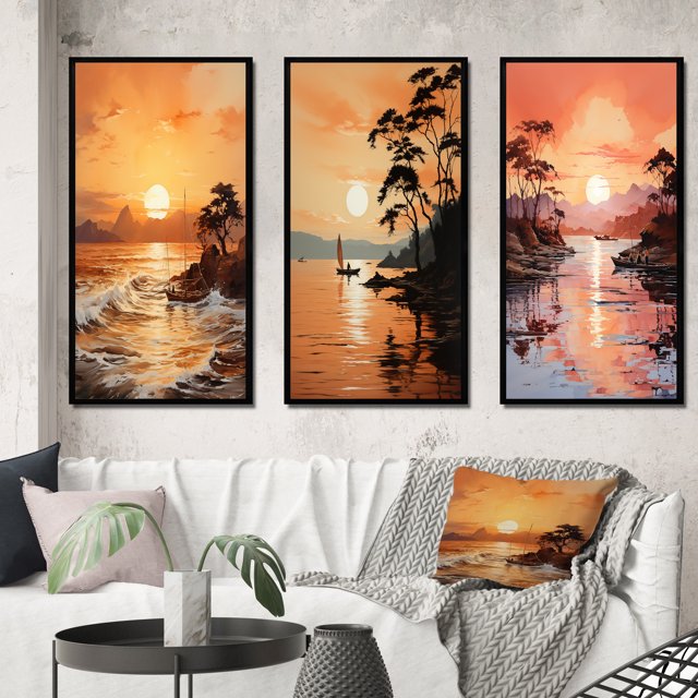 Designart "Golden Sunrise formd III" Nautical & Beach Framed Wall Art Set Of 3 - Yellow Sunrisesunset Frame Canvas Set For Living Room Decor