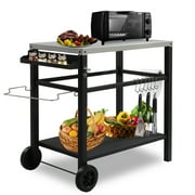 Outdoor Stainless Steel Grill Cart, Movable Pizza Oven Table Stand, Double-Shelf Trolley Dining Cart Foldable Tabletop Food Prep Worktable with 2 Wheels,BBQ Table