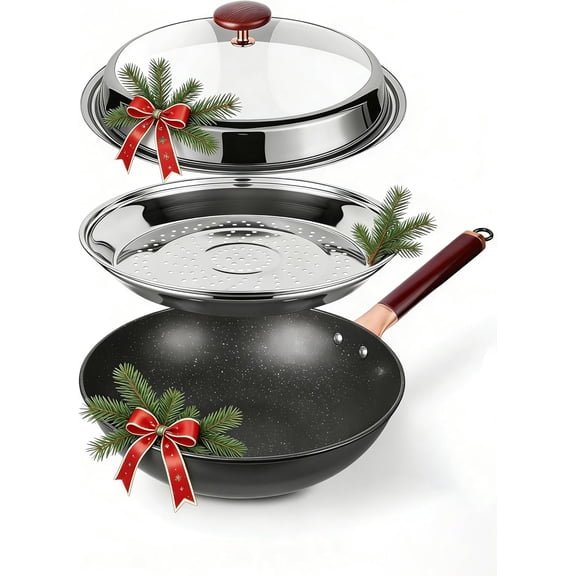 .- Carbon Steel Wok Pan with Lid Woks & Stir-Fry Pans Nonstick with Steamer for Cooking Pan Set, Large Deep Chinese Frying Saute Pan Wok Skillet, Induction Compatible, Stay-Co