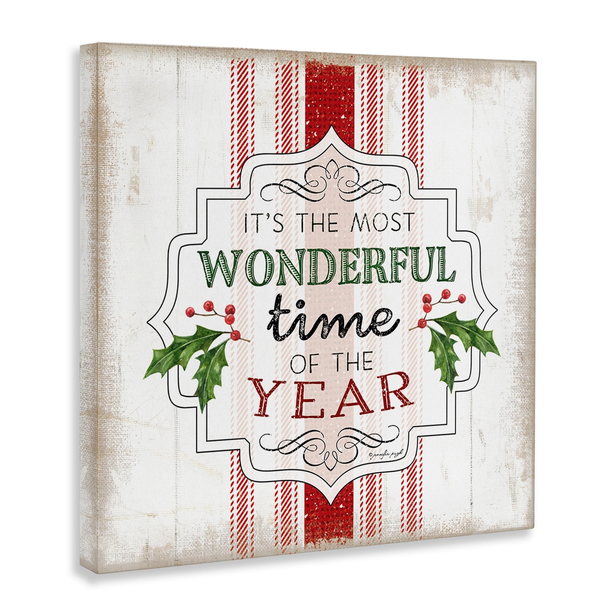 Festive Holiday Quote Holly Sprig Rustic Stripes Inspirational Graphic Art Gallery-Wrapped Canvas Print Wall Art