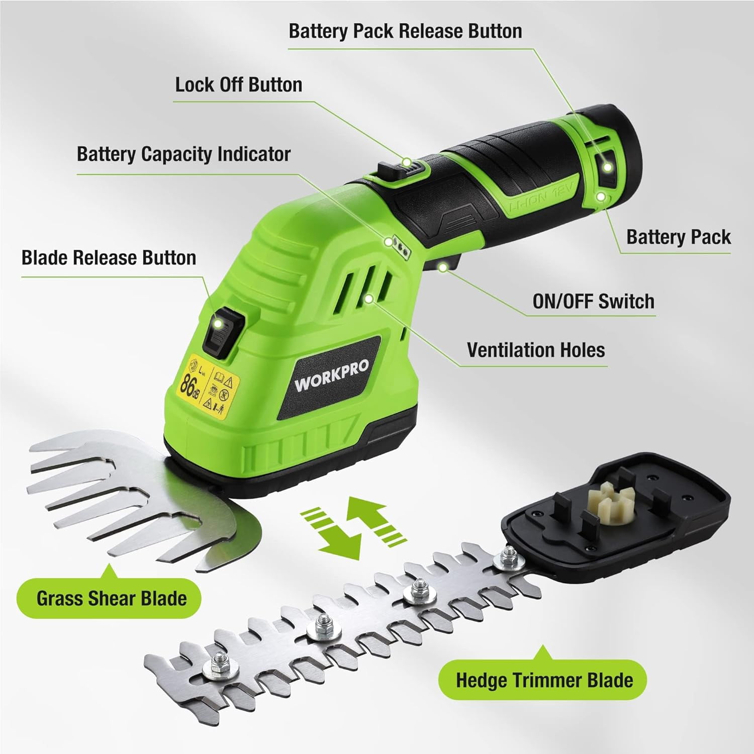 12V Cordless Grass Shear & Shrubbery Trimmer - 2 in 1 Handheld Hedge Trimmer, Electric Grass Cutter with 2.0Ah Rechargeable Lithium-Ion Battery & 1 Hour Fast Charger