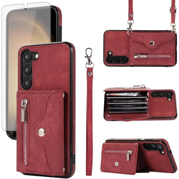 Phone Case for Samsung Galaxy S23 Plus S23  5G Wallet Cover with Wrist Crossbody Strap Lanyard Credit Card Holder Stand Cell Accessories S23plus 23S   S 23 23  SM-S916U 6.6 inch Women Men Red