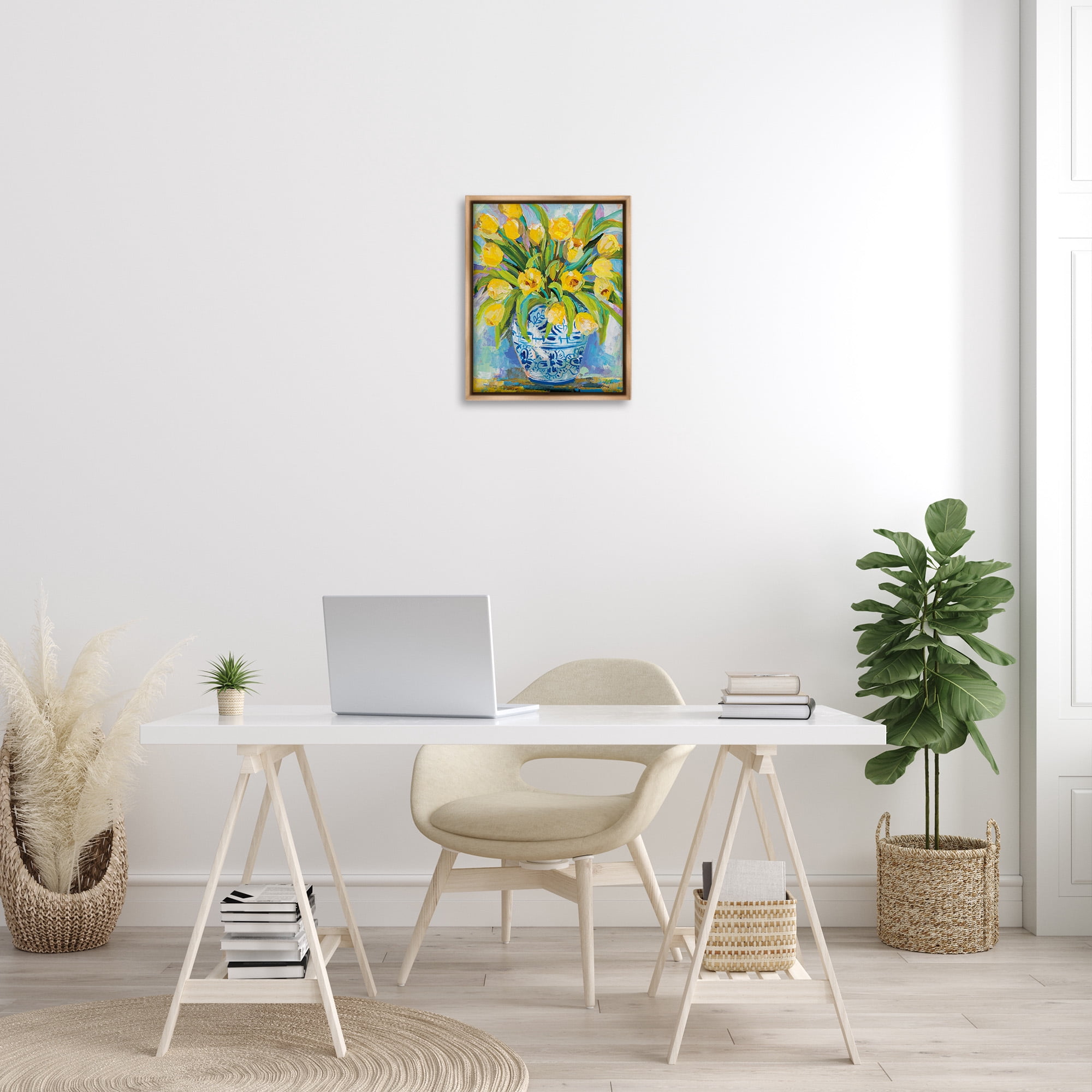 Stupell Industries Expressive Yellow Tulips in Vase Botanical & Floral Painting Brown Floater Framed Canvas Art Print Wall Art, 17 x 21