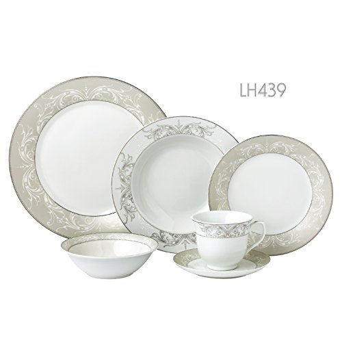 Lorren Home Trends LH439 24 Piece Silver Border Porcelain Dinnerware Set-Service for 4-Olympia-Mix and Match, One Size, White