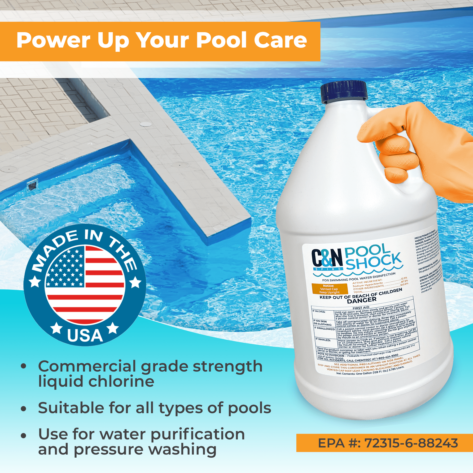 C&N Spire Liquid Pool Shock Pool Chemicals Sodium Hypochlorite 12.5 Percent, 4 Gal