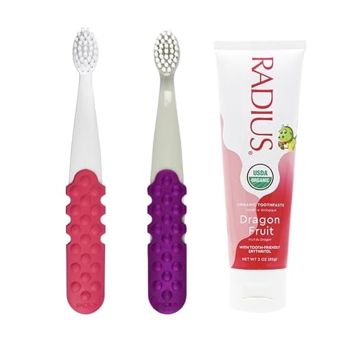 RADIUS Toddler Toothbrush and Toothpaste Bundle for Kids, 2 Pack Totz Extra Soft Brush in Whit and Grey Sparkle and 1 Count Dragon Fruit Toothpaste, For Children 18 Months