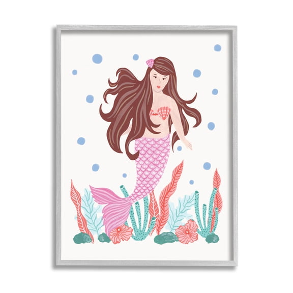 Stupell Industries Underwater Scene Mermaid Bubbles Graphic Art Gray Framed Art Print Wall Art, Design by Aralma