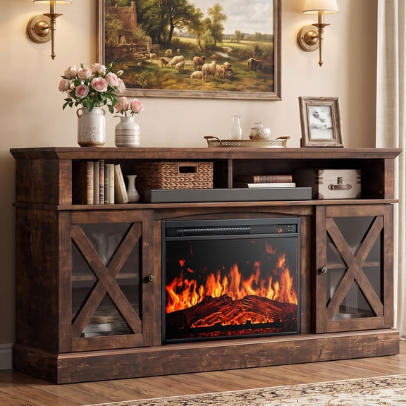 Electric Fireplace TV Stand for 75 inch TVs Farmhouse TV Console with 23″ Fireplace, Vintage Brown