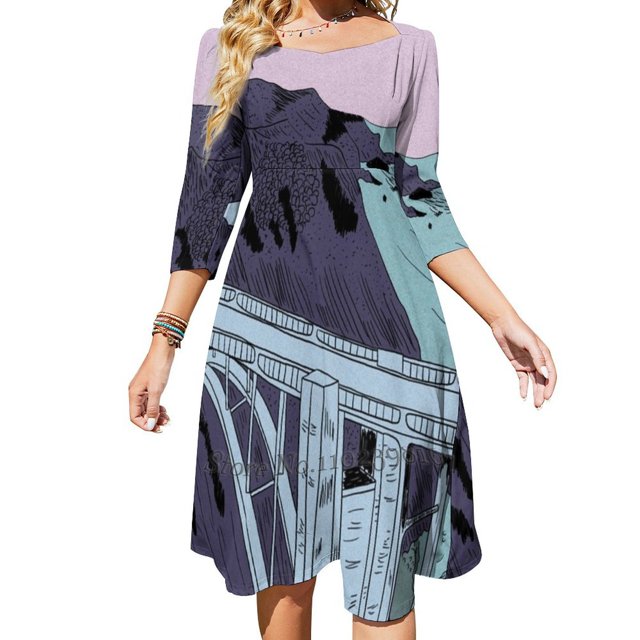 Bixby Creek Bridge Robe Évasée Col Carré Robe Élégante Mode Féminine Imprimée Montagnes Pont Océan Bleu Rose Violet