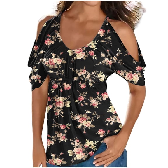 IROINNID Womens Casual Classic Flower Printed Tunic Tops Crewneck Short Sleeve Off Shoulder Blouse
