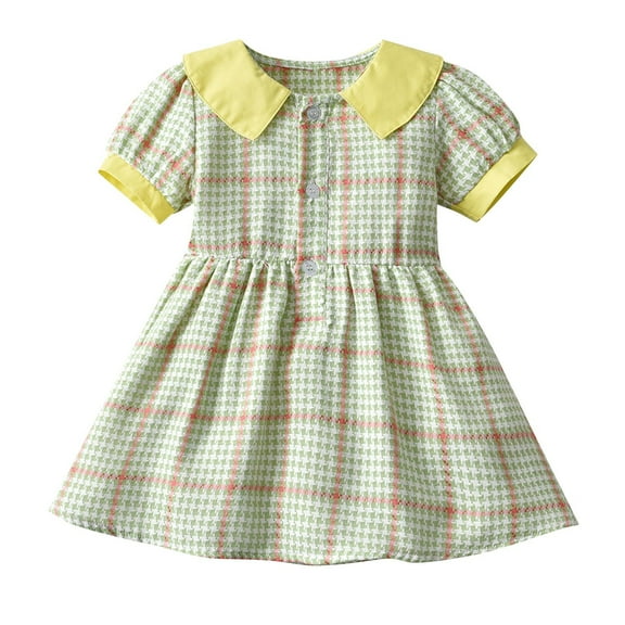 Odeerbi Toddler Girls Summer Plaid Princess Dress Cute Point Collar Cotton Dress Lapel Short Sleeve Dress Toddler Girls Clothes