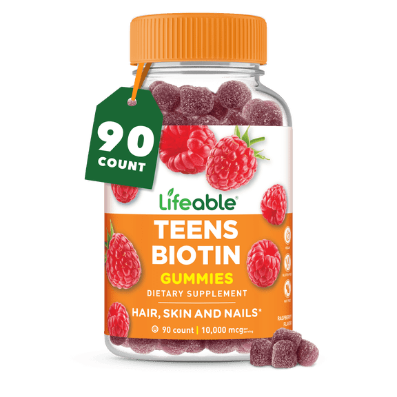 Teens Biotin 10000mcg Gummies | Vitamin B7 | Vegan Biotin Supplement | Great Tasting Biotin Gummies for Hair growth, Healthy Skin and Nails | Biotin Vitamins For Teens | 90 Gummies | Lifeable