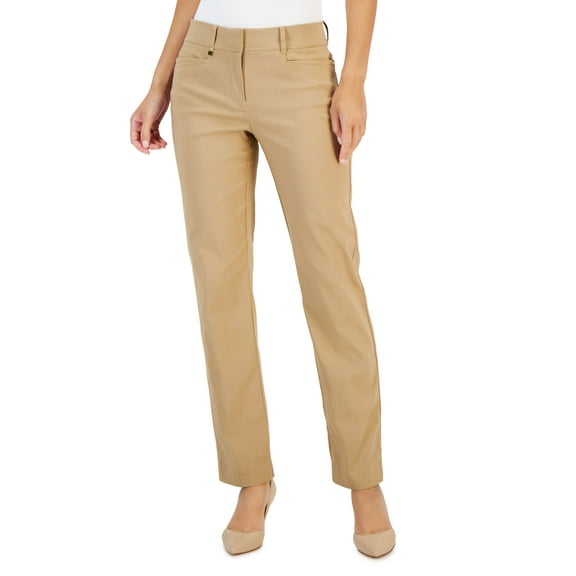 JM Collection Petite Curvy Fit Flat Front Tummy Control Pants New Fawn 6
