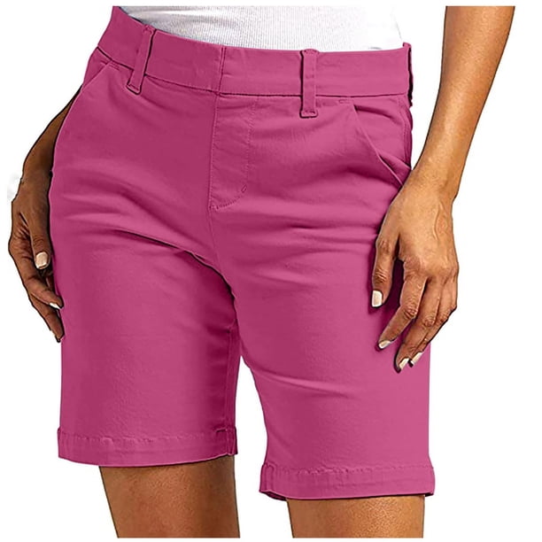 Pantalones cortos elásticos de cintura alta con bolsillos para mujer - Ropa informal elegante para el trabajo, poliéster, tallas 4-12 EE. UU., tallas grandes disponibles