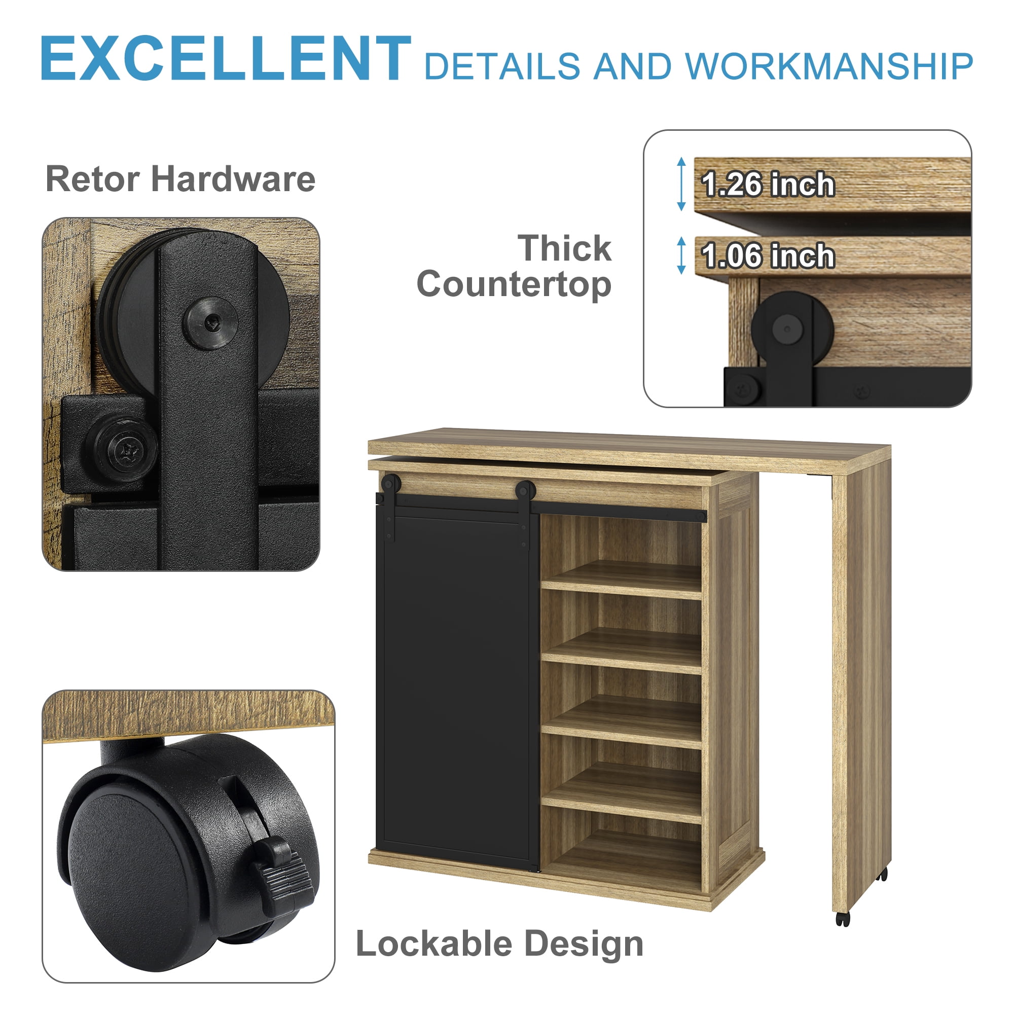 Kadyn 360° Rotatable Bar Cabinet, L-shaped Bar Table for Kitchen, Bar Cabinet with Sliding Barn Door, Free Rotating Sideboard with Adjustable Shelves, Vintage Brown Kadyn 360° Rotatable Bar Cabinet, L-shaped Bar Table for Kitchen, Bar Cabinet with Sliding Barn Door, Free Rotating Sideboard with Adjustable Shelves, Vintage Brown