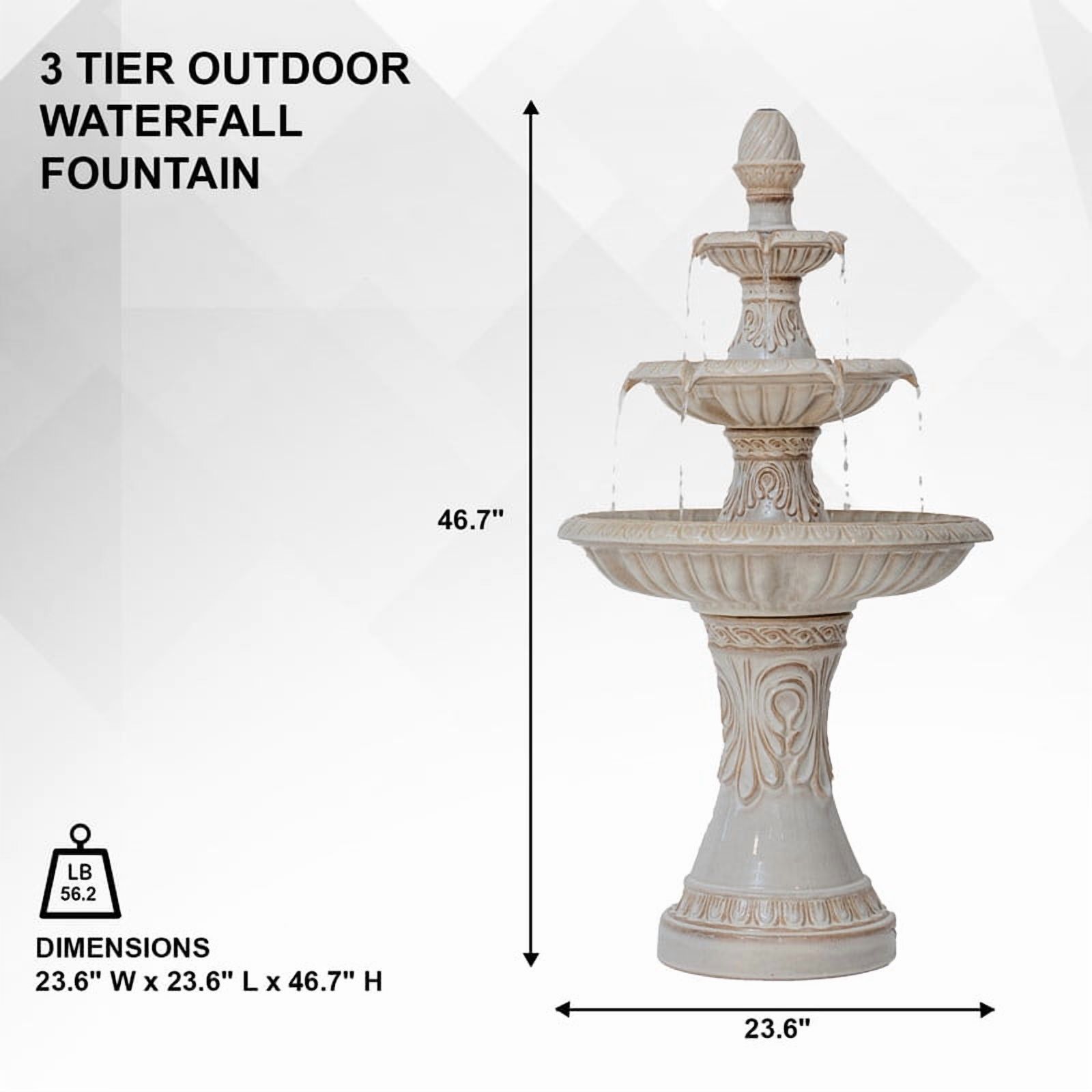 47 in H Freestanding Garden 3-Tiered Outdoor Waterfall Fountain w/Leaf Details, Ceramic, Beige