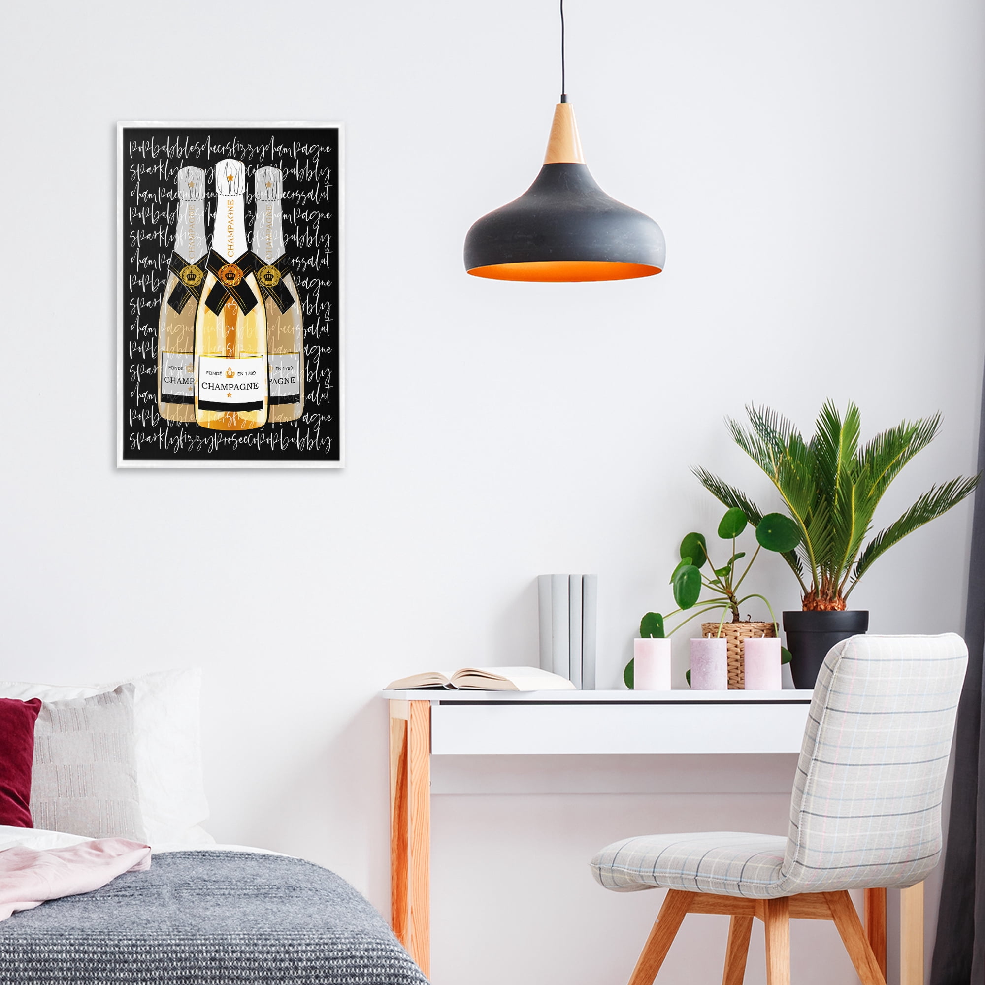 Stupell Industries Triple Champagne Bottle Love White Framed Giclee Art, design by Martina Pavlova