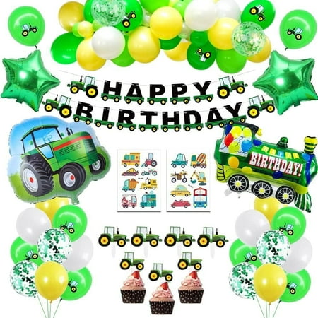 Tractor Balloon Birthday Decorations for Boys, Farm Green Tractor Theme Party Supplies with Happy Birthday Banner Cake Toppers Train Foil Latex Confetti Balloons