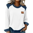 thumbnail image 3 of QATAINLAV Womens Ribbed Knit Long Sleeve Shirt Crewneck Color Block Denim Patchwork Sweaters Casual Textured Blouses White M, 3 of 7
