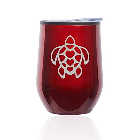 

Stemless Wine Tumbler Coffee Travel Mug Glass With Lid Turtle Hearts (Red)