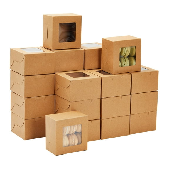 50 Pack 4x4x2.5 Mini Dessert Boxes with Window for Bakery - Baked Goods Packaging Containers for Cupcakes, Cookies, Pastry (Kraft Paper)
