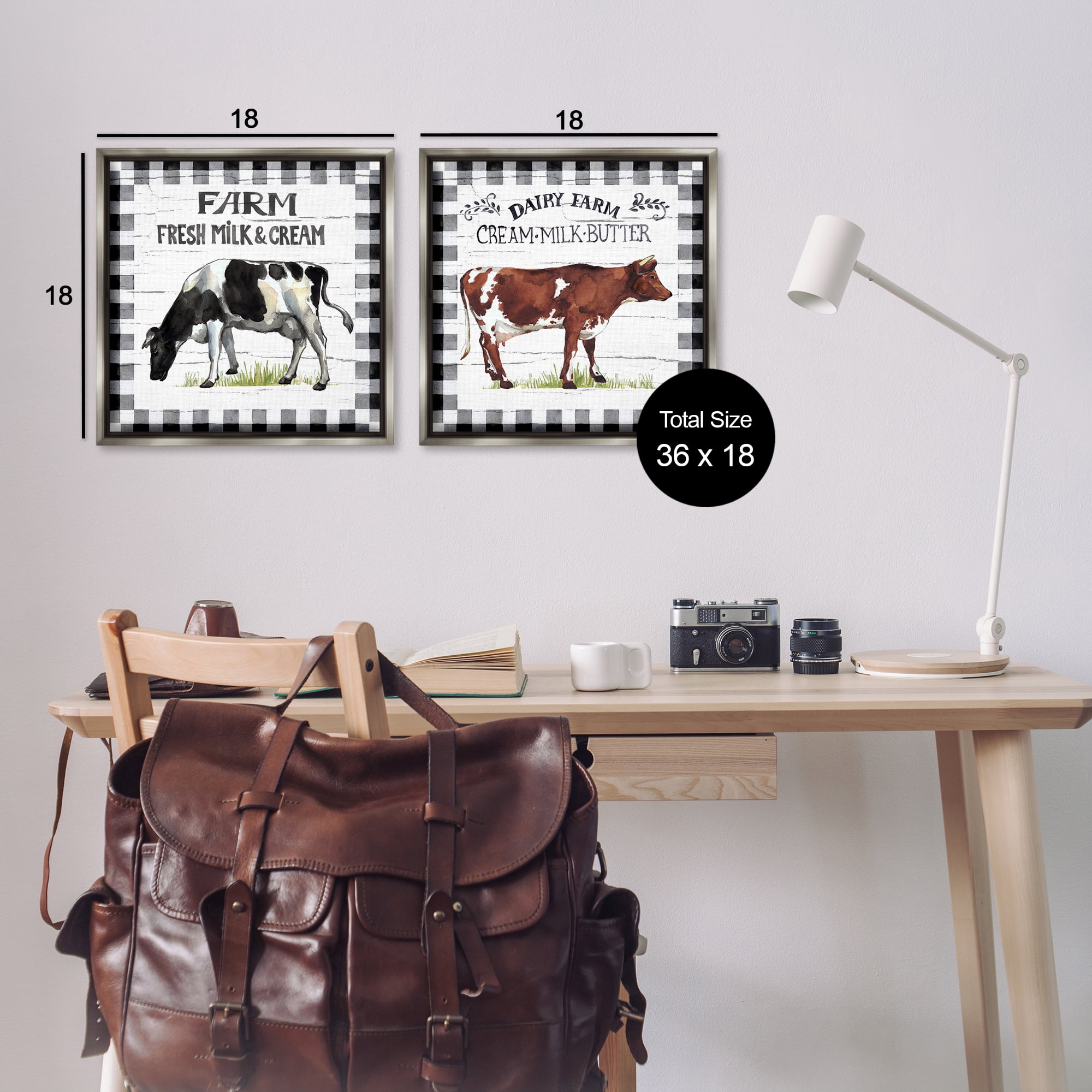 Stupell Industries Spring Farm Dairy Cows Animals Painting Gray Floater Framed Canvas Art Print Wall Art, 18 x 18, Set of 2
