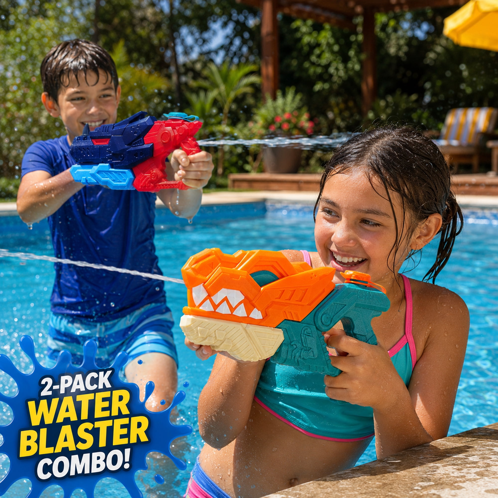 Kids Pump Action Water Blaster Toy 2-Pack, 1 Dino Style and 1 Rhino Style, Outdoor Squirt Toys for Pool, Beach, Backyard Summer Play, Ages 3+