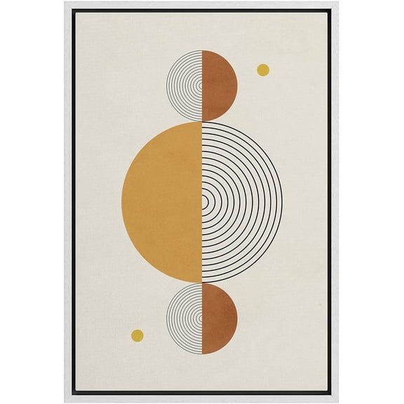 IDEA4WALL Framed Canvas Print Yellow & Black Striped Illusion Semi Circles Geometric Shapes Wall Art Abstract Mid-Century Colorful Artwork for Living Room, Bedroom, Office - White 24"x36"