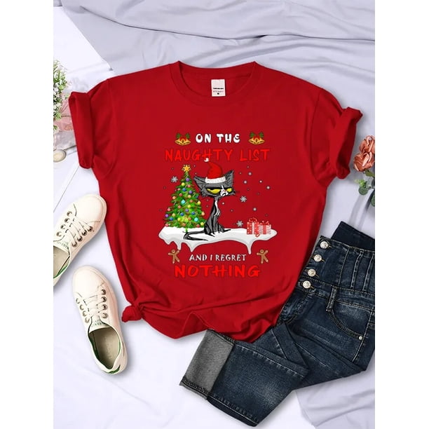 Camiseta con dibujos animados de gatitos navideños para mujer, Tops con gato en la lista traviesa y no me arrepiento de nada, ropa informal de Hip Hop a la moda