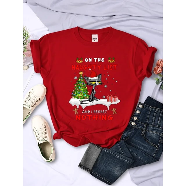 Camiseta con dibujos animados de gatitos navideños para mujer, Tops con gato en la lista traviesa y no me arrepiento de nada, ropa informal de Hip Hop a la moda