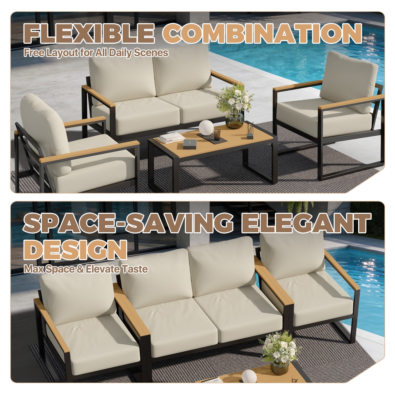 BaPiPro 4PCS Outdoor Exposed Tube Sofa Set, Beige Modern Sturdy Steel Frame & PS Composite Wood Armrest Patio Furniture Set with Coffee Table, All-Weather Removable Washable Polyester Cushions for Ba