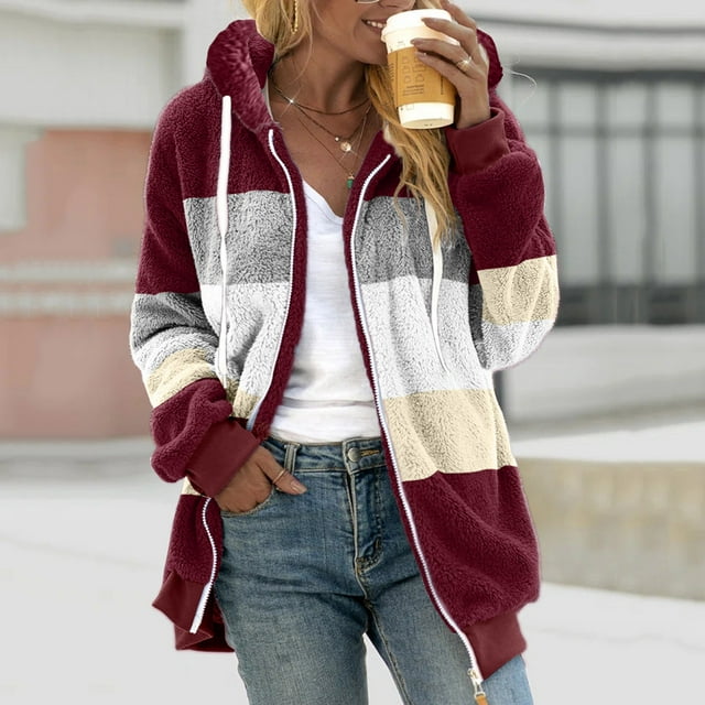zanvin Womens Winter Fuzzy Fleece Jacket Hooded Color Block Patchwork Cardigan Drawstring Coat Oversized Outerwear with Pockets