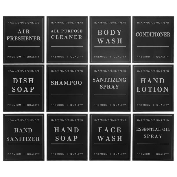 12 etiquetas para botellas de viaje, etiquetas para clasificar botellas, etiquetas para champú y productos de champú.