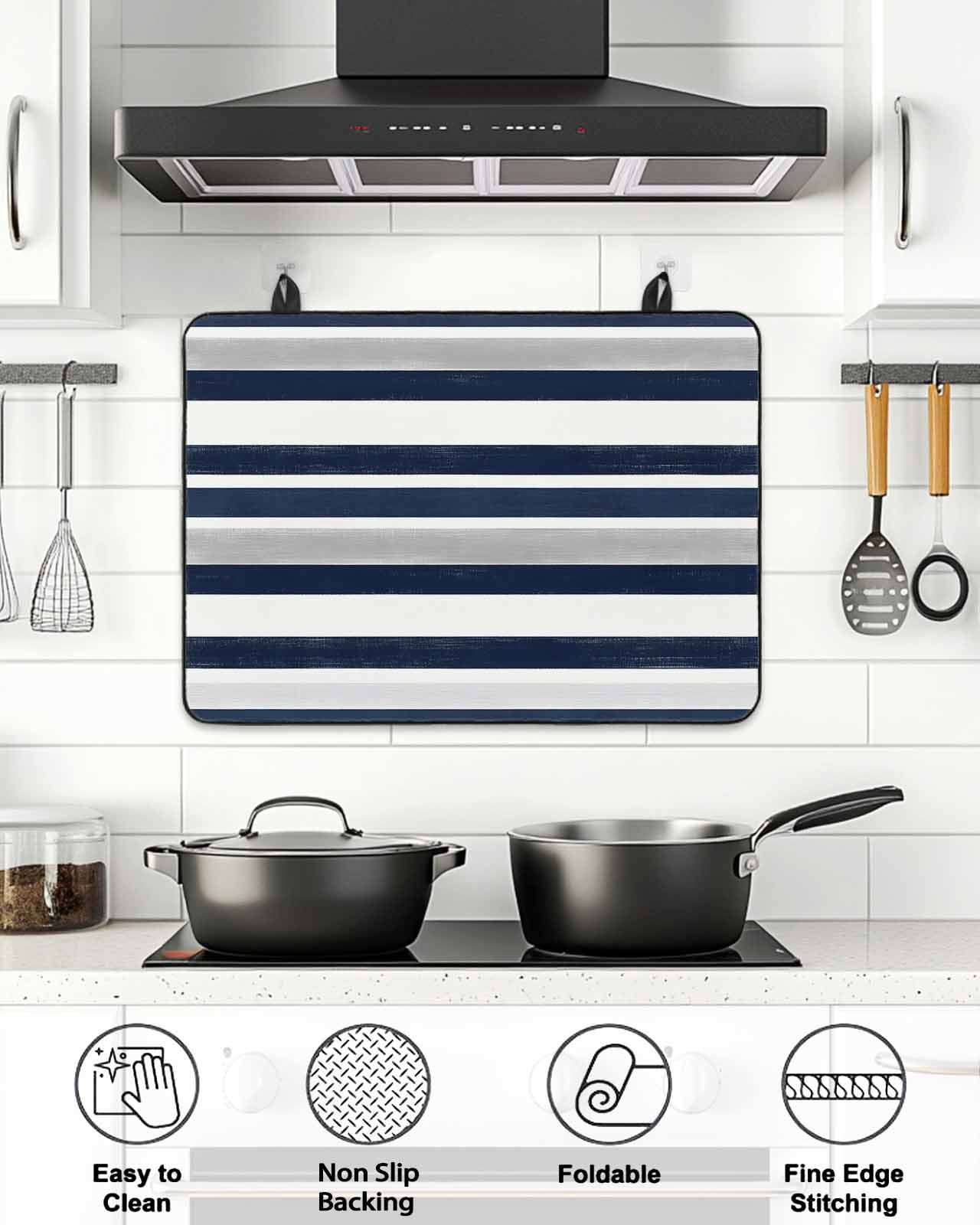 Stove Top Covers for Electric Stove, Navy Blue White Striped Glass Stovetop Cover Protector, Grey Farmhouse Stripe Abstract Art Induction Cooktop Protector Oven Mat for Kitchen Countertop 24"x21"