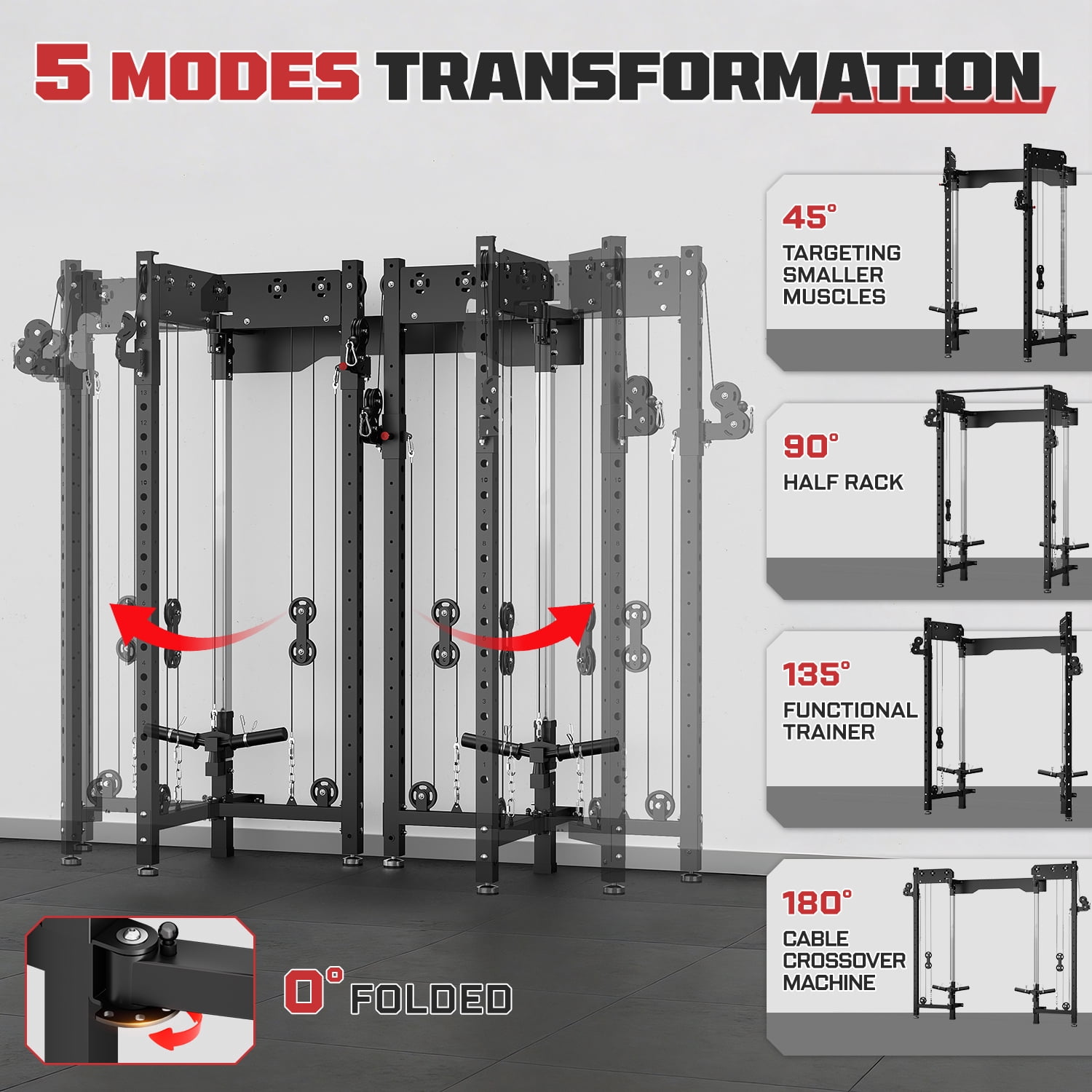 Wall Mounted Folding Squat Rack,1200 LBS Power Rack with Dual Independent Pulley System, 5 Adjustable Modes, Functional Trainer for Space Saving Home Gym with 1000 LB Weight Bench and Barbell ,Black